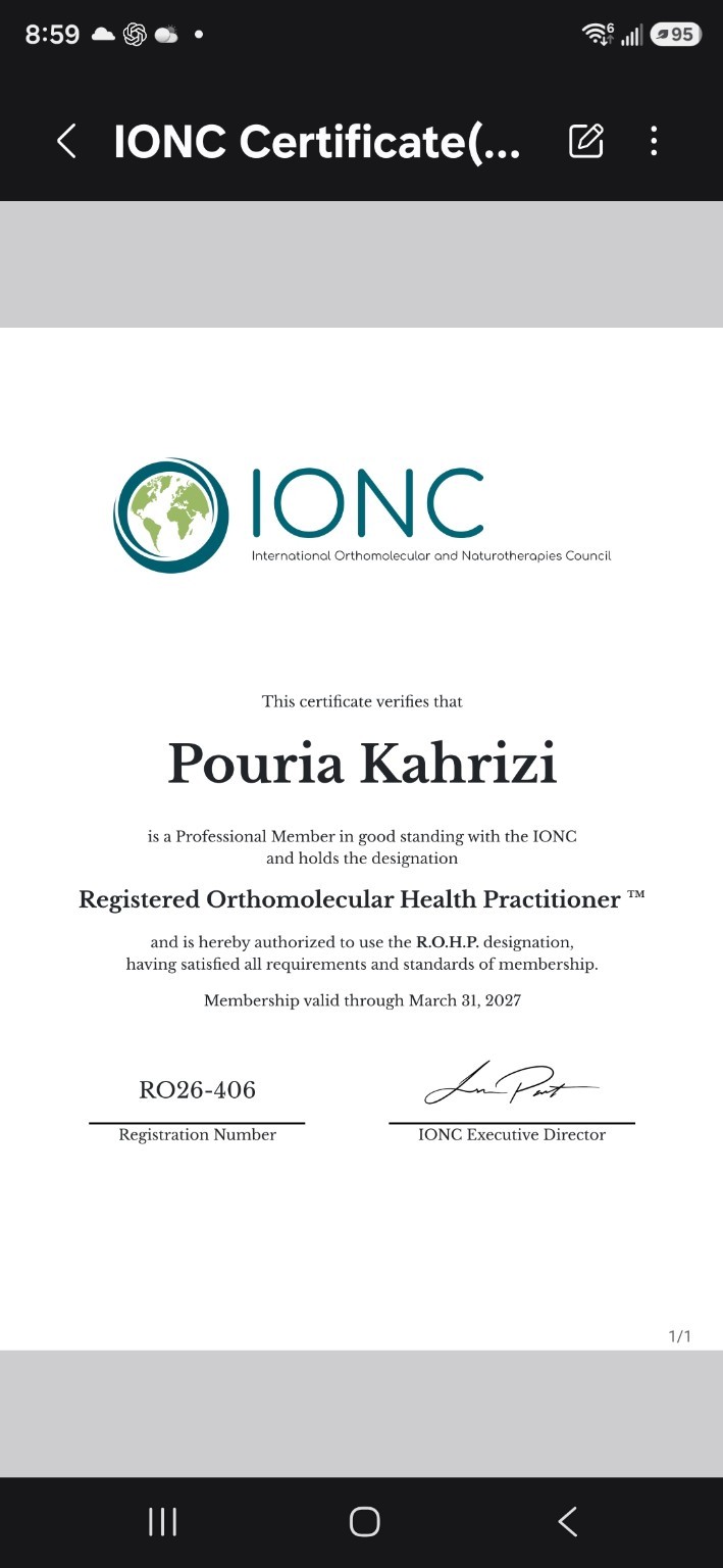 IONC certificate for Pouria Kahrizi, Registered Orthomolecular Health Practitioner
