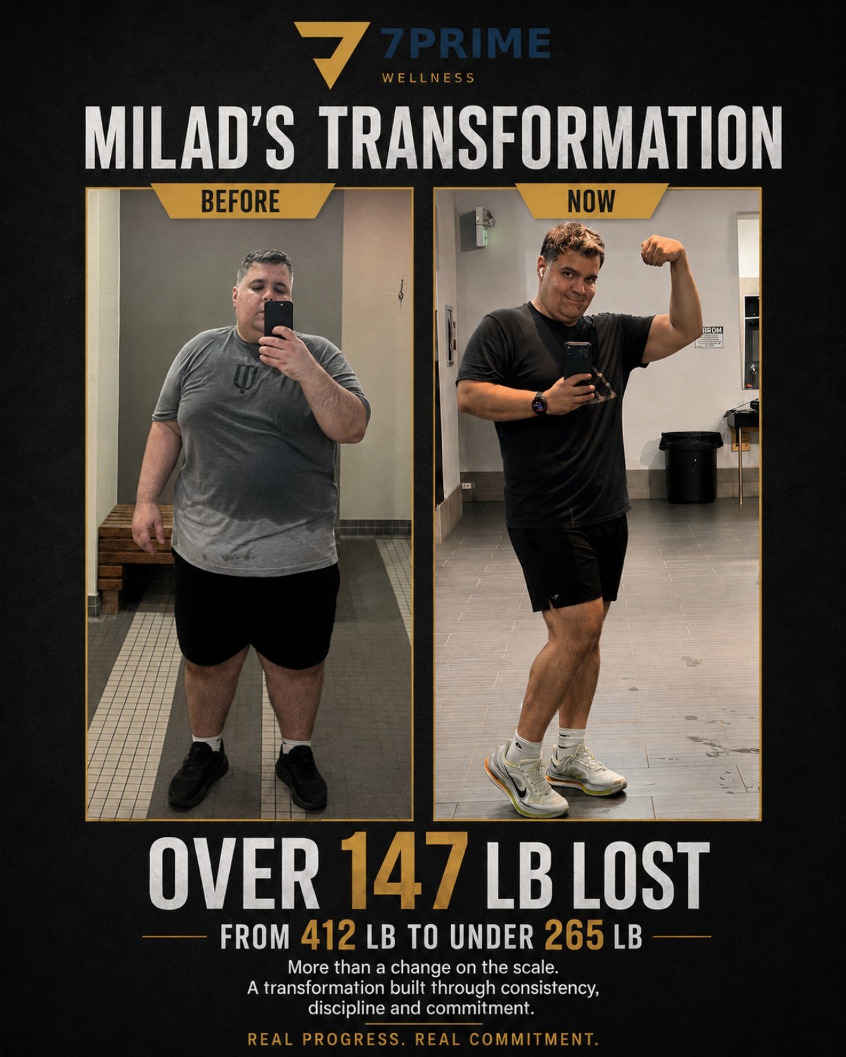 Milad transformation: approximately 412 lb to under 265 lb